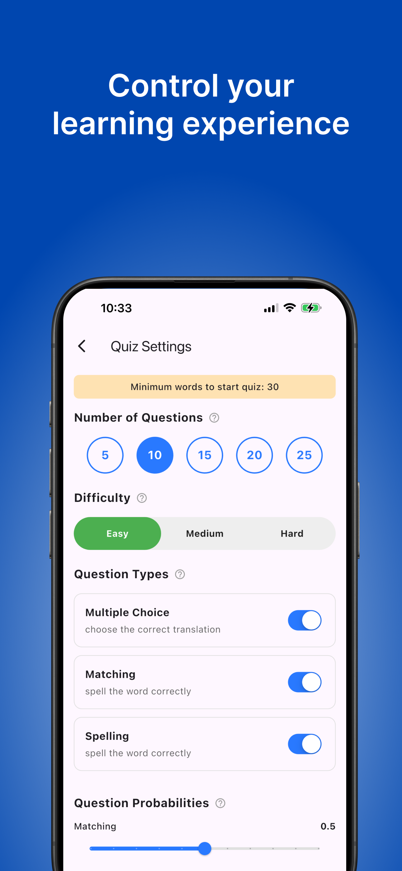 Customizable quiz settings